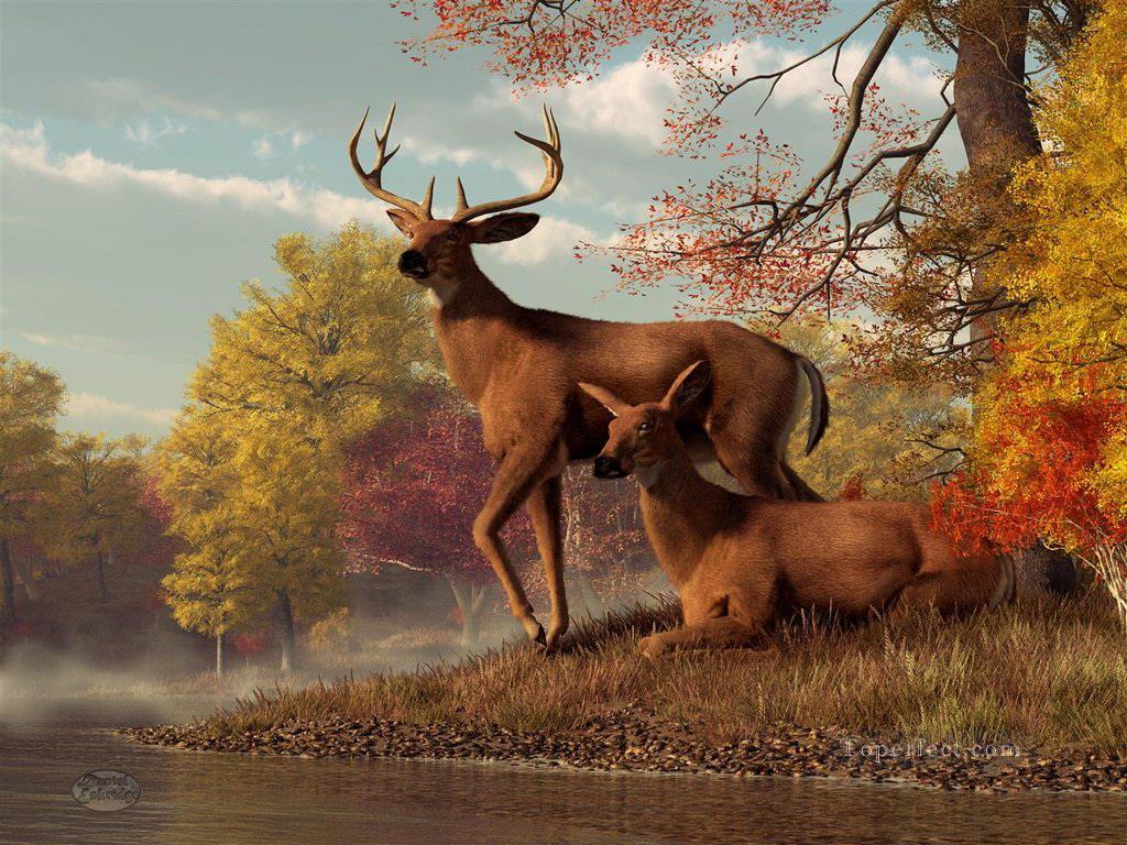秋の湖畔の鹿油絵